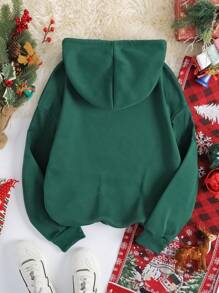 SHEIN EZwear Áo hoodie dây rút in họa tiết Giáng sinh cho nữ có lót nhiệt - màu xanh lá - Xem 2