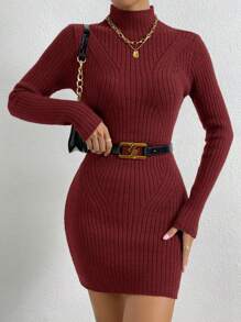 SHEIN Privé 女式立領修身毛衣洋裝 - 酒紅色 - 查看 3