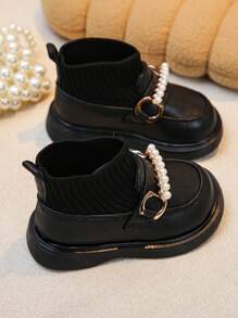 嬰兒,&小的孩子們珍珠鈕扣,亮片細節,針織袖口,舒服的,防滑,中幫,平底戶外&日常靴子 - 黑色 - 查看 4
