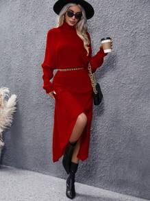 SHEIN Clasi 高領落肩袖毛衣裙,不含腰帶 - 紅色 - 查看 1