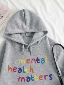 INAWLY Áo nỉ trùm đầu có dây rút màu xám in khẩu hiệu cỡ lớn có túi Kangaroo, Sức khỏe tâm thần quan trọng, cho mùa đông - Màu Xám nhạt - Xem 4