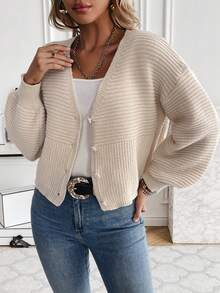SHEIN Essnce Drop Shoulder V-neck Cardigan - Beige - View 3
