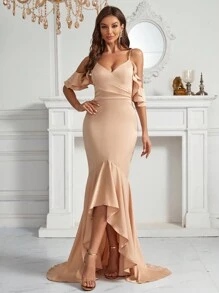 SHEIN Belle 冷肩露肩設計,荷葉邊修飾,人魚裙擺設計的伴娘禮服 - 卡其色 - 查看 1