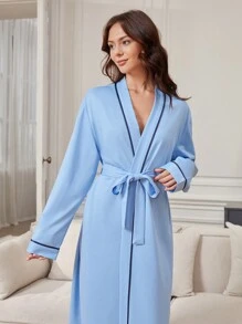 Women's One-piece Home Service Bathrobe With Contrast Trim And Waistband - Blue - View 2