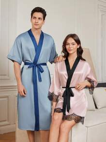 1pc Men's Color Block Rolled Edge Robe For Home Wear - Blue - View 2