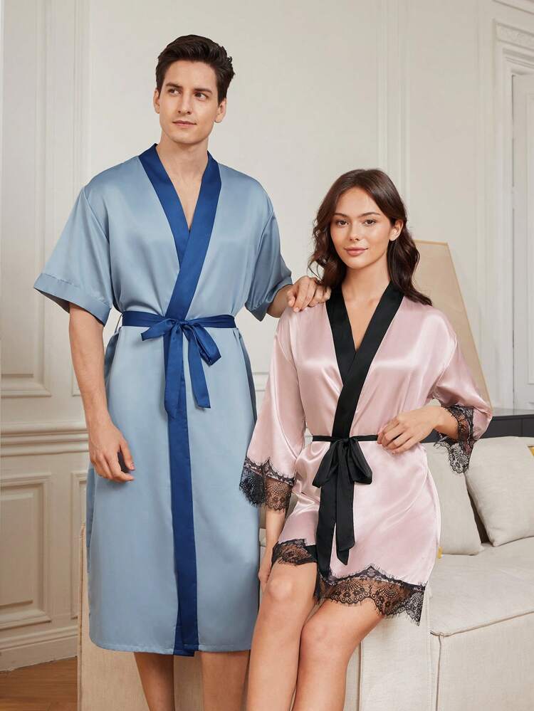 1pc Men's Color Block Rolled Edge Robe For Home Wear
