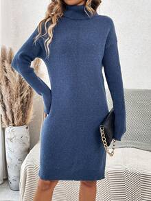 SHEIN Clasi Turtleneck Drop Shoulder Sweater Dress - Navy Blue - View 3