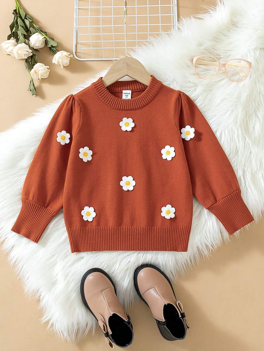 SHEIN Cô Gái Trẻ Hoa Đã vá Tay áo lồng đèn Áo len - Màu Đỏ Sâu - Xem 1