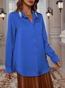 EMERY ROSE Metallic Rhinestone Detail Turn-down Collar Shirt - Royal Blue - View 5