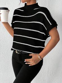 SHEIN Frenchy Women's Striped Knitted Sweater Top - Black - View 4