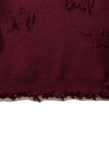 ANDREILEE Unisex Casual Loose Fit Crew Neck Sweater With Letter Embroidery, Star Distressed Fringe Design, Versatile Long Sleeve Knit Top For Spring, Autumn, Winter - Burgundy - View 5