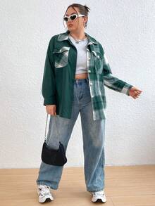 Flirla 女大尺寸格子翻蓋口袋襯衫 - 彩色 - 查看 6