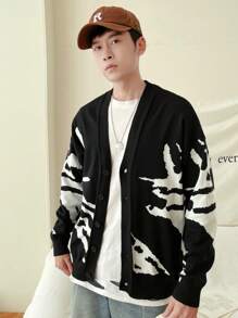 Manfinity Hypemode 男士圖案下墜肩超大罩衫 - 黑與白 - 查看 7