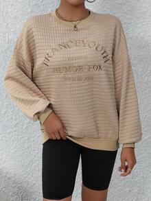 SHEIN Essnce Thêu Chữ Thả vai Áo nỉ - Màu Khaki - Xem 6