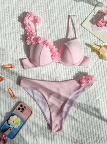 Swim SXY Summer Beach Lace Design Bikini Set Underwired - Pink - View 5