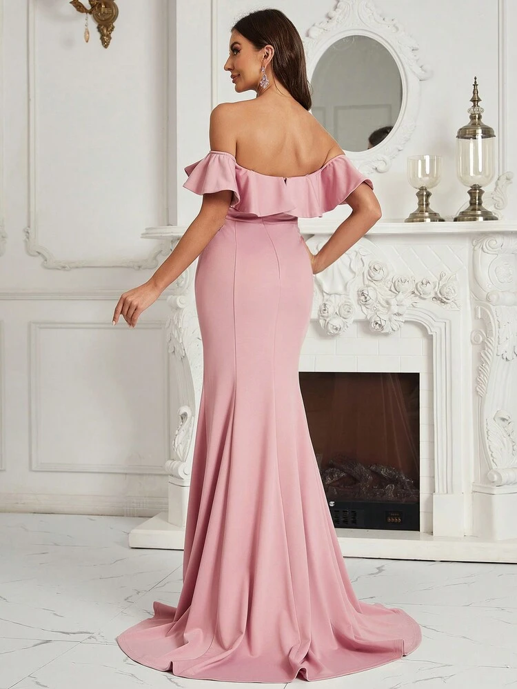 Off Shoulder Ruffle Detail Belted Mermaid Hem Women's Evening Gown