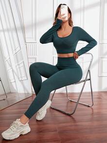 Yoga Basic 女式短上衣和緊身褲運動套裝 - 墨綠色 - 查看 5