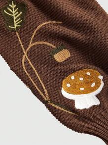 ROMWE Fairycore 女式針織開衫,植物刺繡細節和單排釦扣 - 咖啡棕 - 查看 4