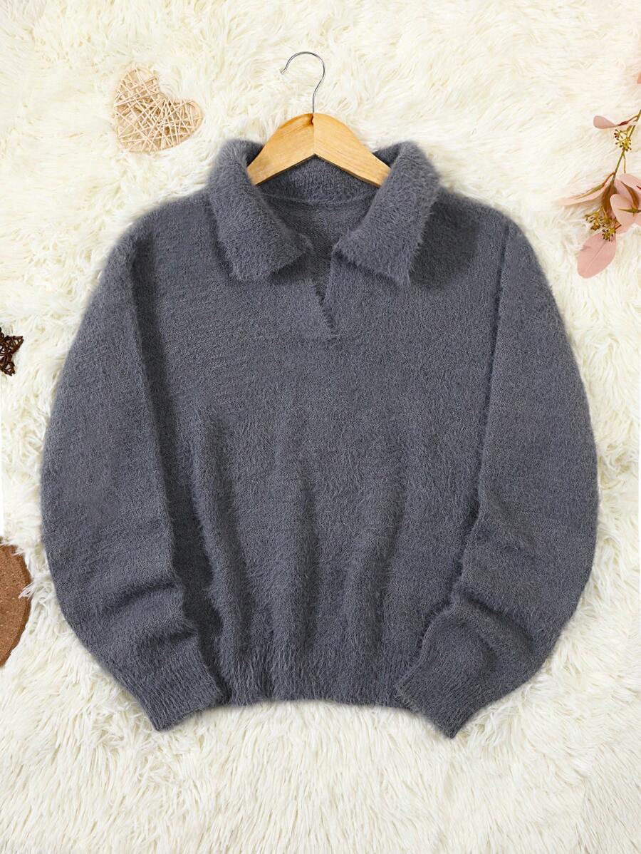 Teenagers' Furry Turtleneck Pullover Sweater - Grey - View 1