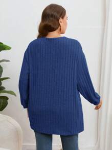 SHEIN Essnce Kích thước lớn Màu thuần Sọc Kết cấu Lỏng lẻo Áo len Mở Áo len , Tay áo dài - Màu xanh hải quân - Xem 2