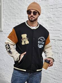 Manfinity Homme 男式大码彩色块字母刺绣植绒纽扣夹克 - 彩色 - 查看 6