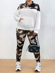 Flirla Plus Camo Print Colorblock Sweatshirt & Sweatpants Fall Cloth For Women - Army Green - View 6