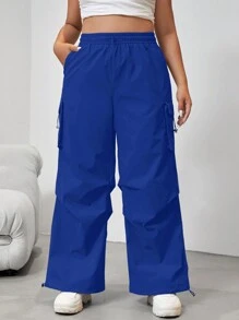 SHEIN EZwear 女裝大碼純色束腰寬腿褲 - 寶藍色 - 查看 4