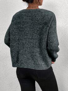 Elenzga V领落肩针织套头衫秋冬毛衣 - 藏蓝色 - 查看 2