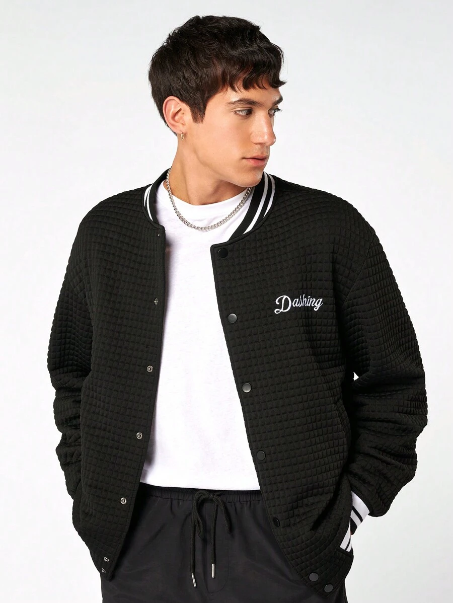 Manfinity NXTstreet Oversized Men's Letter Printed Striped Baseball Jacket - Black - View 1