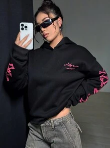 SHEIN Unity 女性圖案落肩袖連帽衫 - 黑色 - 查看 2
