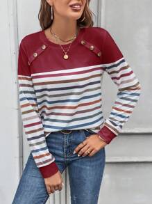 SHEIN LUNE Đồ họa sọc Nút Nghệ Embellished Áo thun - Đỏ - Xem 1