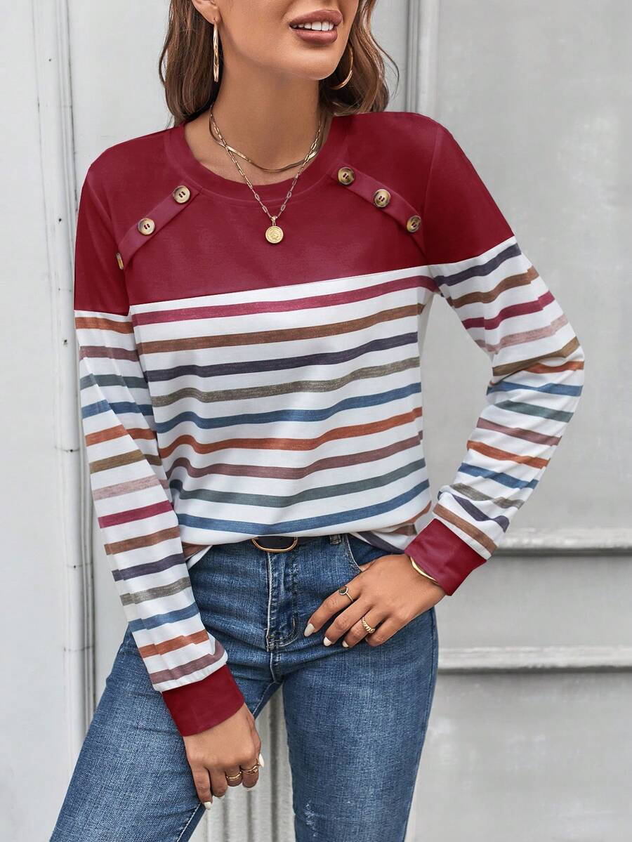 SHEIN LUNE Đồ họa sọc Nút Nghệ Embellished Áo thun - Đỏ - Xem 1