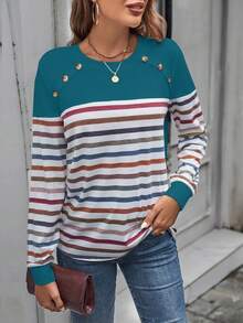 SHEIN LUNE Striped Button Decorated T-shirt - Blue - View 3