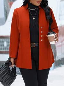 SHEIN Franclia 大码女式纯色单排扣休闲外套，秋冬款 - 橘色 - 查看 1