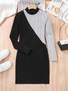 SHEIN 青少年女孩雙色小高領緊身洋裝 - 彩色 - 查看 1