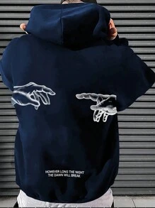Manfinity Men Plus Slogan and Hand Print Kangaroo Pocket Drawstring Hoodie - Black - View 1