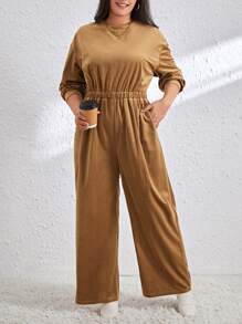 SHEIN Essnce Plus Size Velvet Loose Jumpsuit - Khaki - View 6
