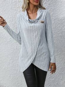 SHEIN LUNE Draped Collar Wrap Hem Tee - Grey - View 5