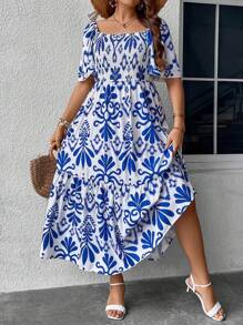 Breezaya Vestido con estampado de cuello cuadrado de manga mariposa bajo con fruncido - Azul y blanco - Ver 7