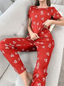 Heart Print PJ Set / Pajama Set - Red - View 1