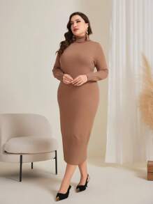 Mulvari Plus Size Women's High Neck Sweater Dress - Camel - View 5