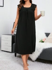 Plus Size Women's Square Neck Sleep Dress Pajama Dress, Long Dress - Black - View 1