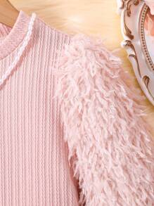 SHEIN Vestido De Punto Acanalado Con Mangas Peludas Para Niña Joven - Rosa Pálido - Ver 5