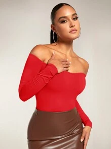 Silquee Solid Off Shoulder Bodysuit - Red - View 7