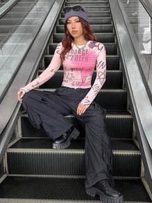 SHEIN EZwear Ladies' Punk Graffiti Print Round Neck Pullover T-shirt - White - View 4