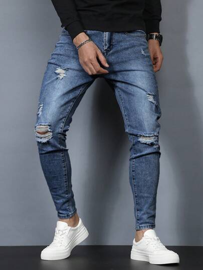 Manfinity Homme Men's Skinny Ripped Washed Denim Jeans