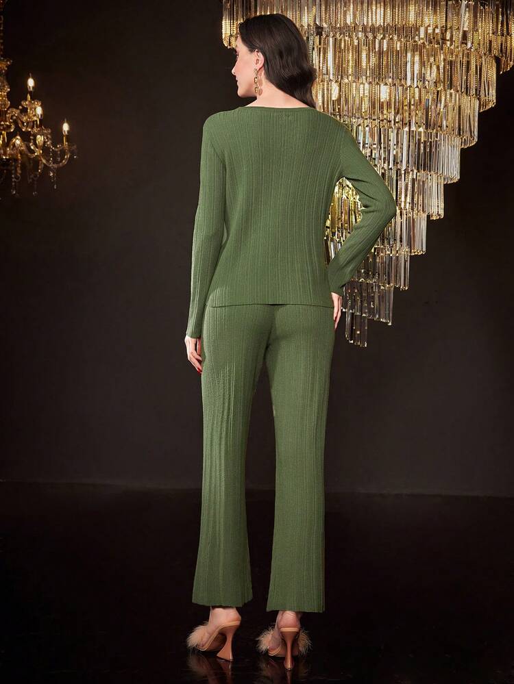 Women's Solid Color Notched Neck And High Slit Sweater Two Pieces Set 2 Pieces Set