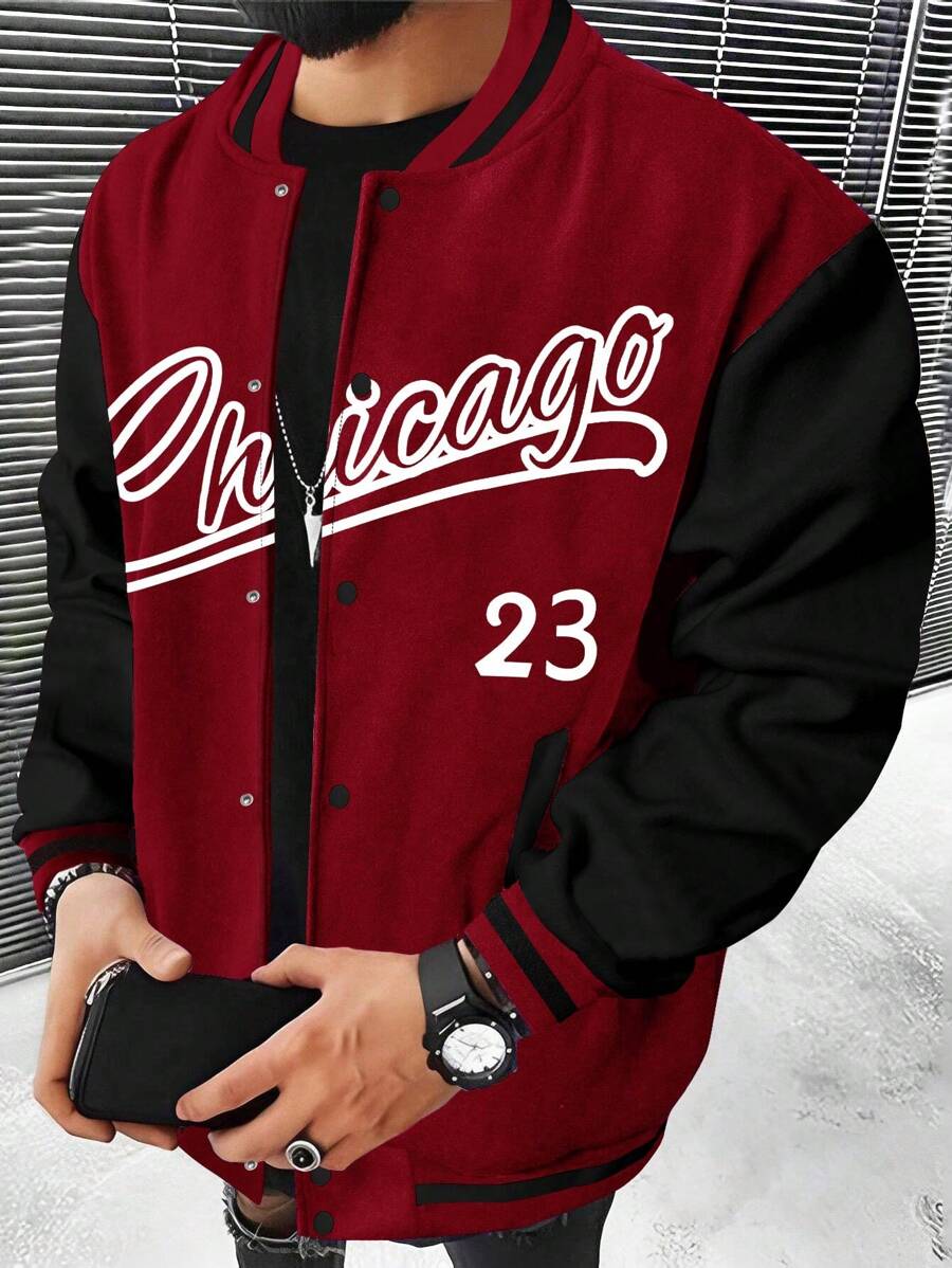 Manfinity Homme Men's Long Sleeve Letter Print Color-Block Baseball Jacket, Men's Long Sleeve Varsity Jacket, Red Varsity Jacket, Fall - Multicolor - View 1