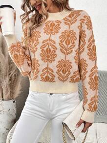 SHEIN Frenchy 花卉圖案小高領落肩袖套頭毛衣 - 杏色 - 查看 5