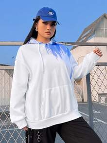 SHEIN Coolane 加大码抽绳卫衣，印有表情符号并采用扎染工艺 - 白色 - 查看 5